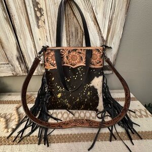 Beautiful Handcrafted Leather and Cowhide Fringe Bag! New!